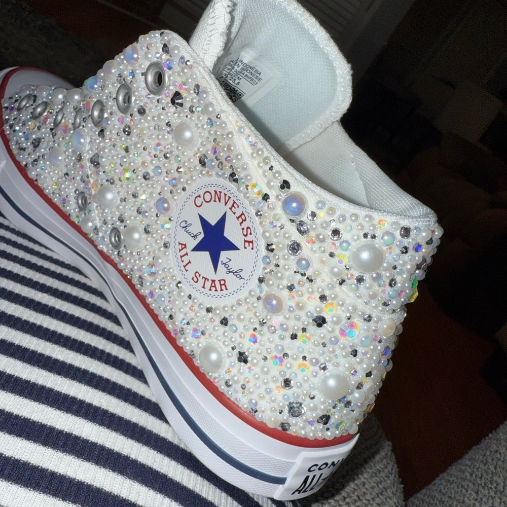 Converse White and Black Iridescent Bling Beaded Sneakers - Picture 2 of 5
